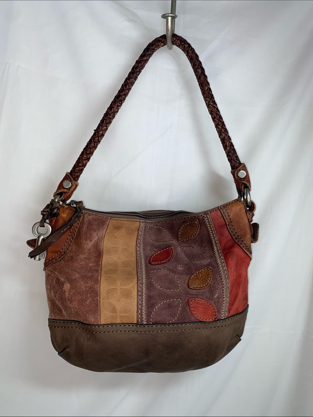 Fossil Patchwork Shoulder Bag in Brown, Tan & Red Leaf Design